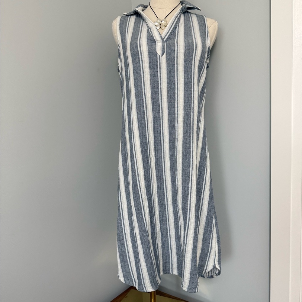 Beach Lunch Lounge Blue & White Striped Sleeveless Shirt Dress | Size Small
